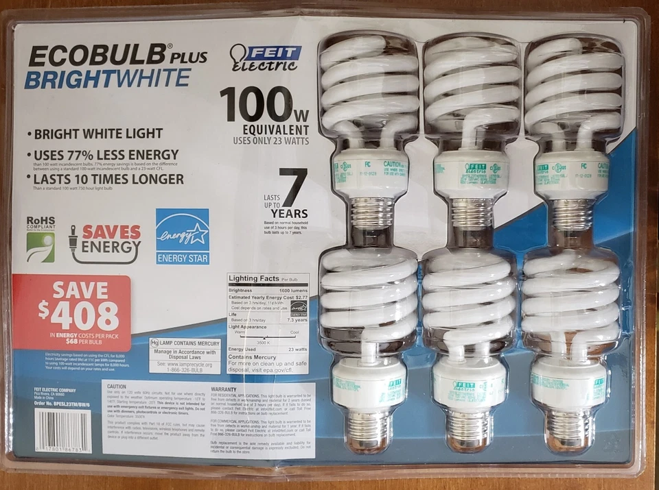 FEIT CFL BULB 6 PACK 100W Equivalent T3 Spiral Non-Dimmable GU24 Base NEW - Image 2 of 2