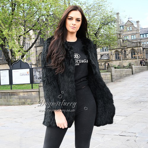 Black Knitted Rabbit Fur Sweater Jacket, Real Fur Coat