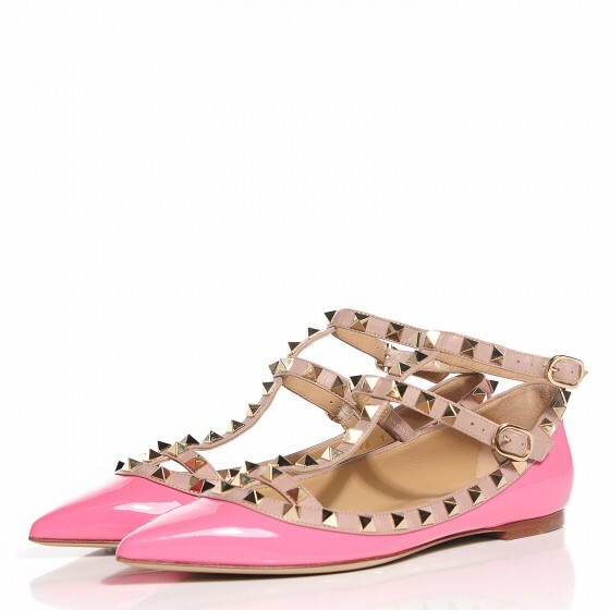 Valentino Garavani Rockstud Pink Leather Ballet Flats Ankle