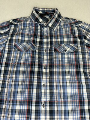 Sean John Mens Button Up Western Shirt XXL Blue Plaid Short Sleeve  2XL