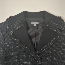 Ann Taylor Tweed Blazer Size 8 Black Fringe Wool Blend Button Jacket Classic