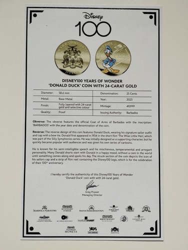 DISNEY100 YEARS OF WONDER DONALD DUCK COIN 24-CARAT GOLD LAYERED LIMITED EDITION - Picture 5 of 7