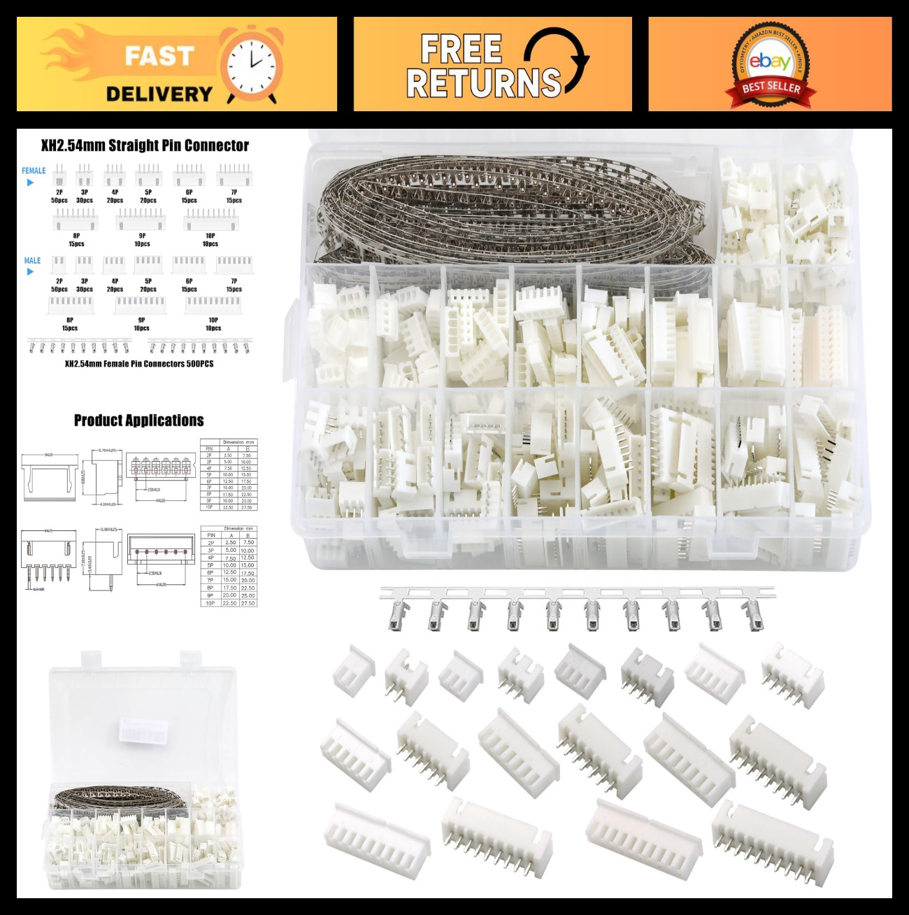 1270pcs XH 2.54mm Pitch Terminal Kit - 2p 3p 4p 5p JST Connector Wire Adaptor