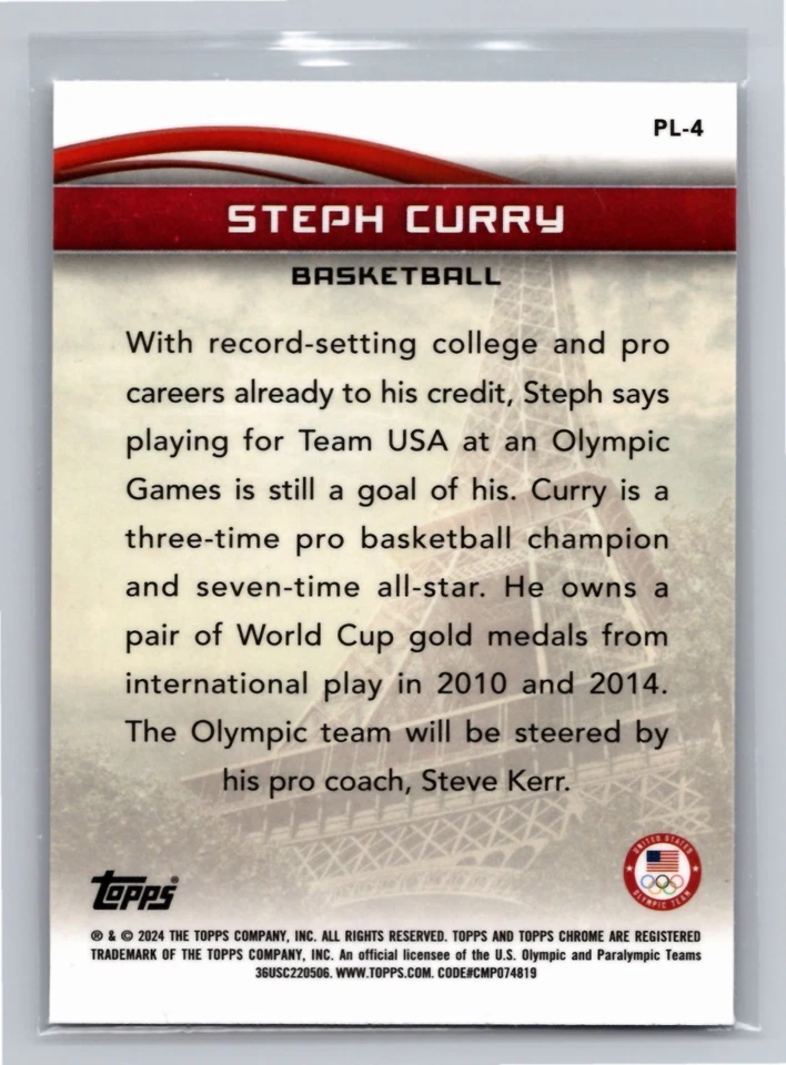 Stephen Curry 2024 Topps Chrome US Olympics To Paris With Love #PL-4 USA - Image 2 of 2