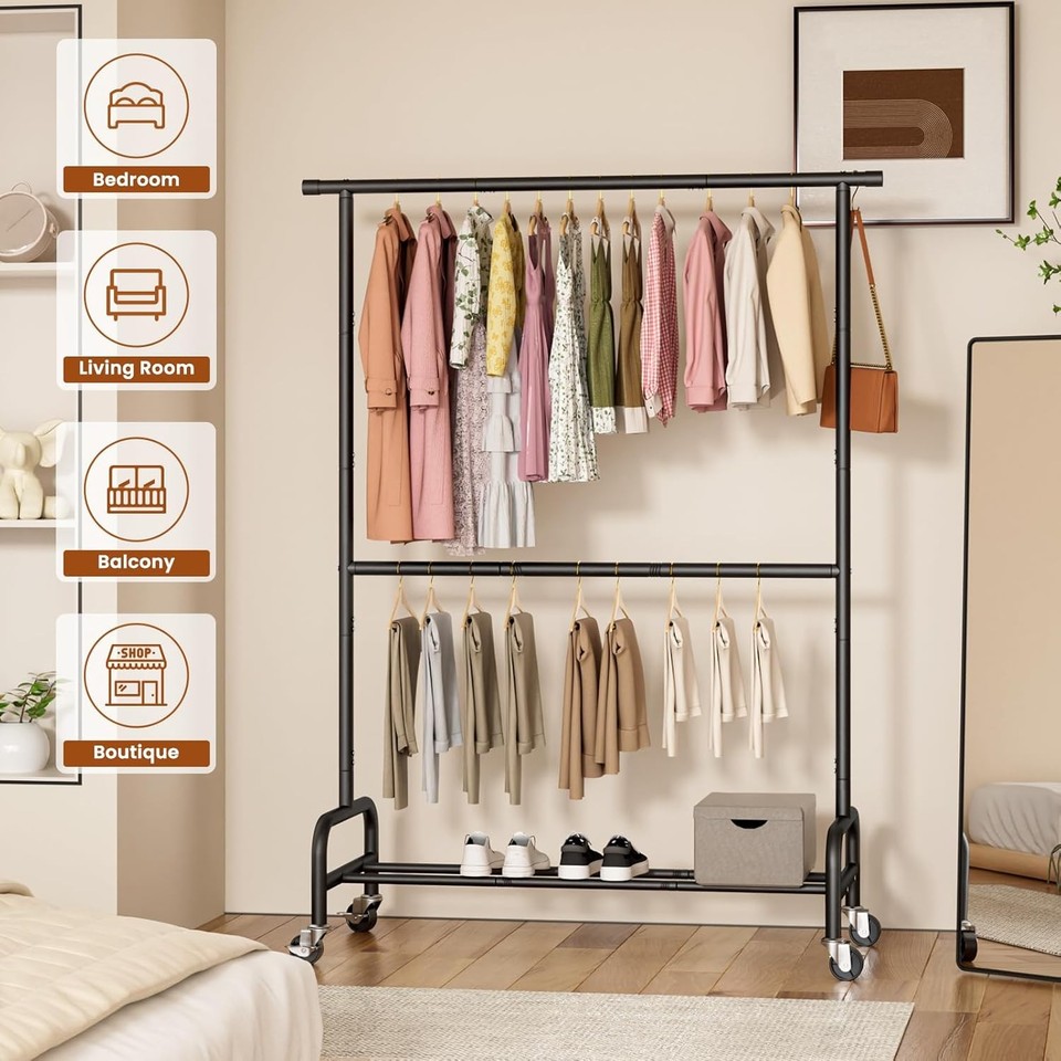 2-Tier Clothing Rack with Adjustable Height, Heavy-Duty Double Rod ...