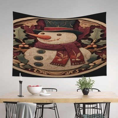 60x40 Inch Christmas Tapestry - Snowman & Winter Scene Wall Hanging with Red & S