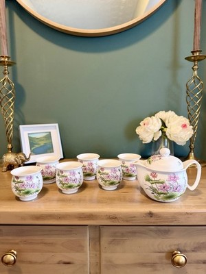 Jingdezhen Chinese Porcelain Tea Set Lotus Teapot 6 Cups Famille Rose
