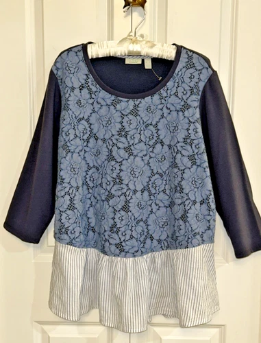 Logo Lounge Pullover Casual Top XL Lace Overlay Ruffle 3/4 Sleeve Blue and White