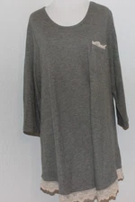 Women's LOGO by LORI GOLDSTEIN Gray Waffle Weave Knit  L/S  Top w Lace Size 1X