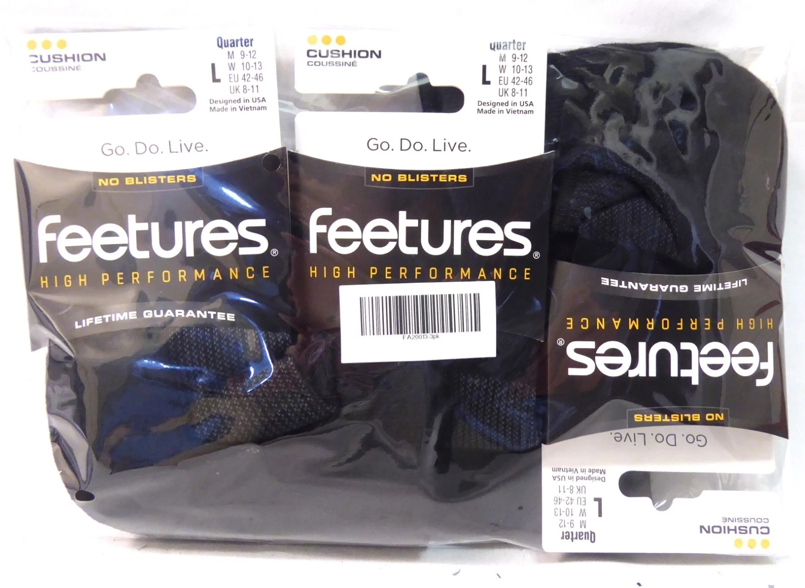 3 Pairs Feetures High Performance Socks Cushion Quarter Tab Black Large