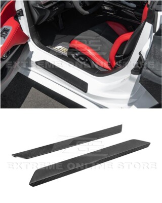 For 20-Up Corvette C8 | CARBON FIBER Overlay Door Sill Plate Strip Covers Pair