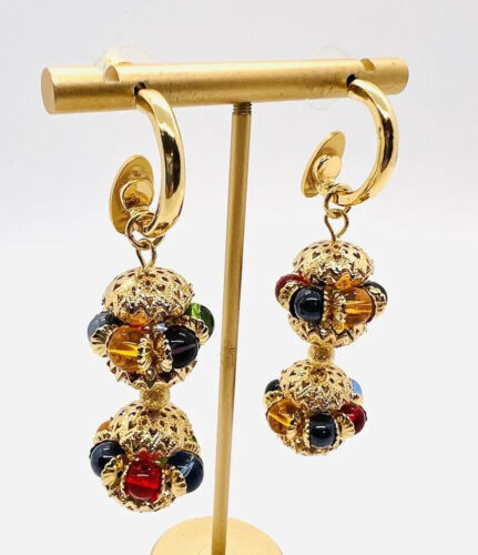 Long Catwalk Jon Jewel Tone Glass Beads & Filigree Drop Dangle Earrings Posts - Imagen 1 de 8