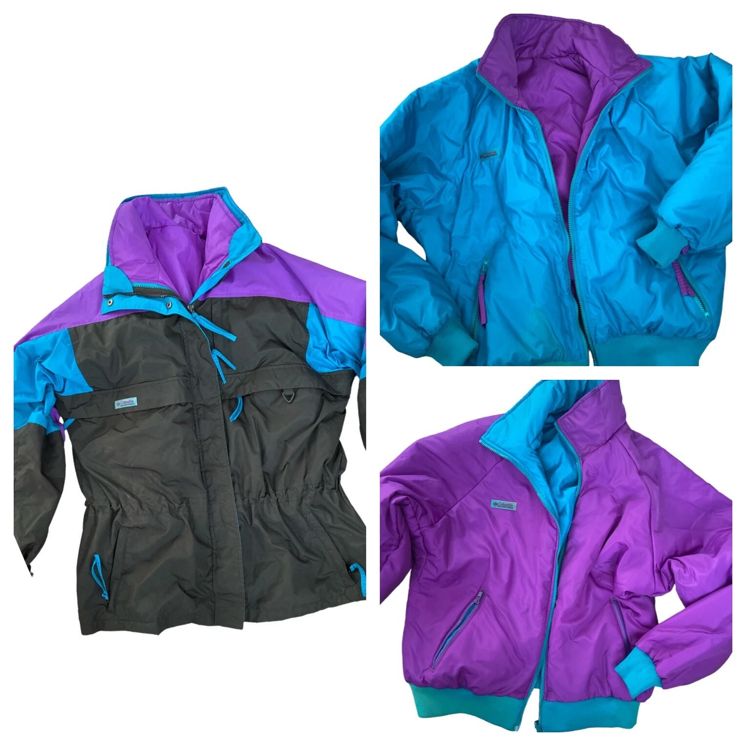 vtg Columbia Ski Snow Jacket Two In One Turquoise Purple Black Sz XL Reversible