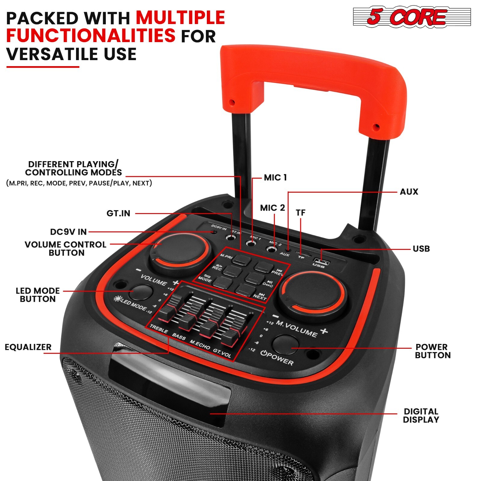 5Core 8 Inch Bluetooth Speaker 3 Way Boom Box Party Speakers Karaoke