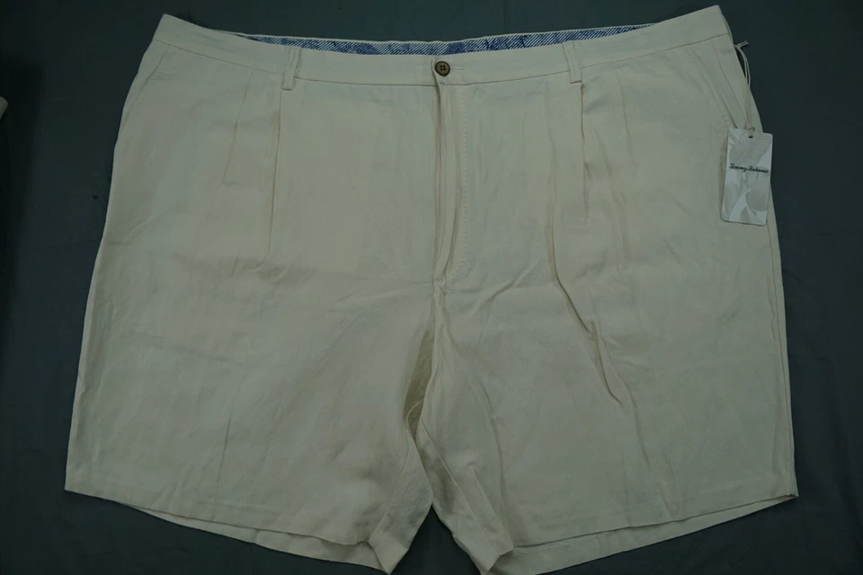Shorts plissado de linho/seda Tommy Bahama Monterey em areia quente. 52 masculino, novo com etiquetas US$ 110