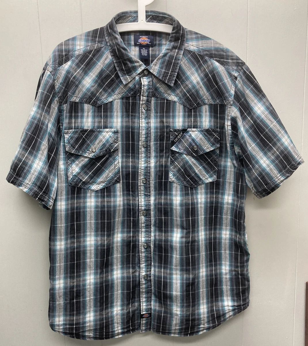 Men s Dickies Short Sleeve Gray Blue Plaid Pearl Snap Shirt