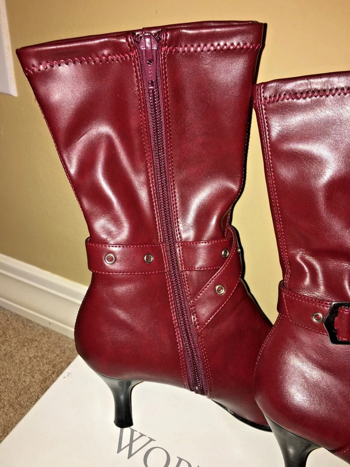 Talla 6.5 M Bota de Cuero Rojo con Cremallera y Hebilla Exterior Tacón 2"  Foto 4 de 4
