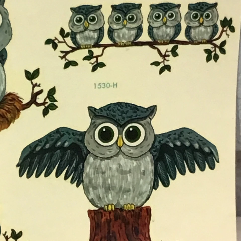 Calcomanías artesanales decorativas vintage Meyercord lindo búho gris hoja completa #1530-H Foto 4 de 4