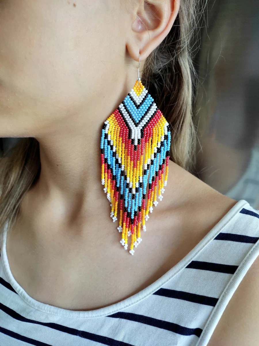 Large Seed bead Earrings Dangle beaded earrings Boho Handwoven jewelry beaded