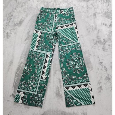 Maurices Pant Womens S Green Bandana Print Wide Leg Pull On Stretch Pockets Boho
