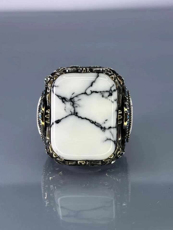 Anillo de plata de ley 925 turquesa blanca para hombre, joyería de piedras preciosas hecha a mano” Foto 4 de 4