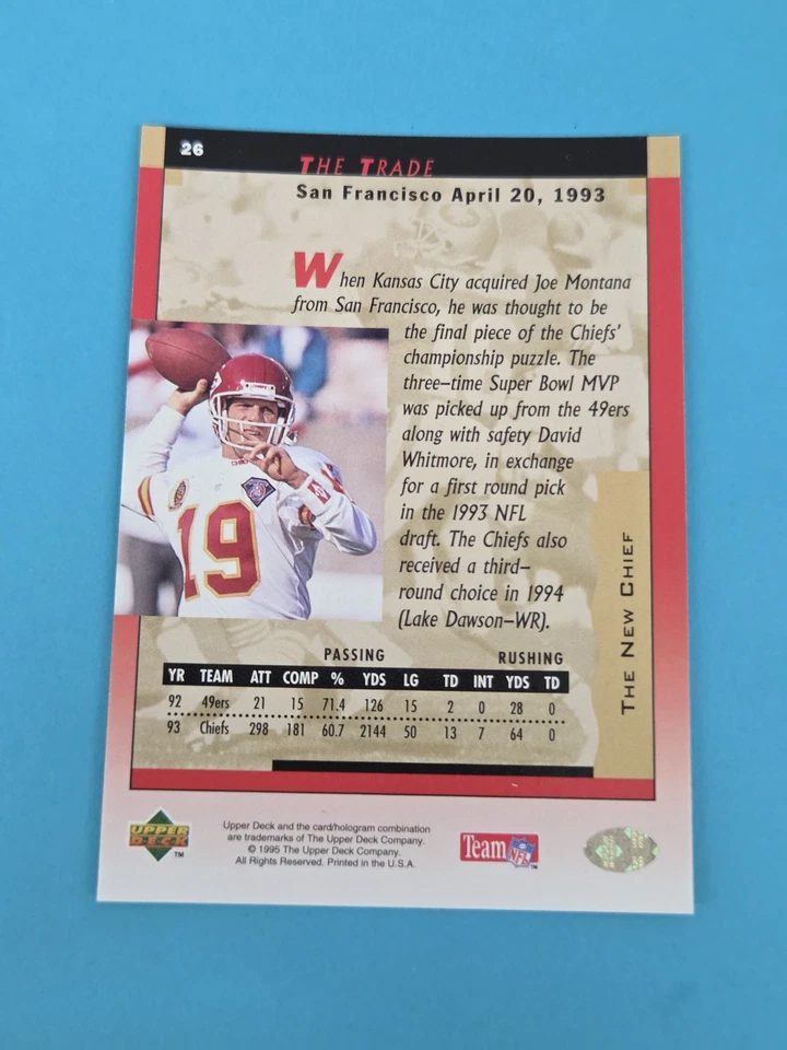 1995 Upper Deck Joe Montana Box Set #26 The Trade Chiefs FOOTBALL Card 4I - Image 2 of 2