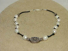 Sterling Silver and White Pearl Black Cord Anklet Ankle Bracelet