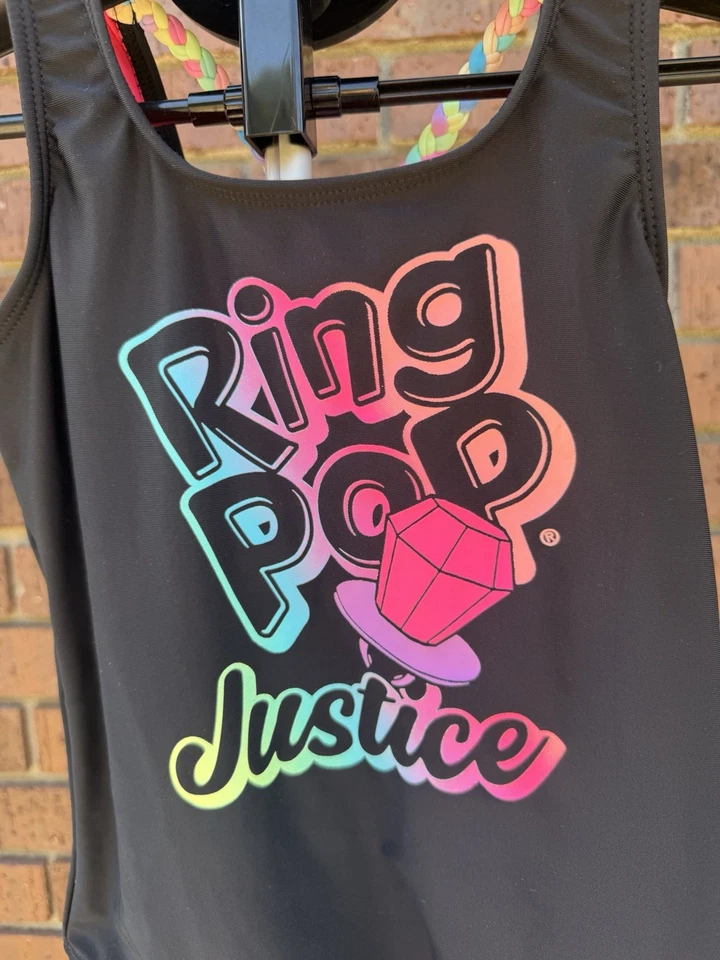 Justice Girls Swimsuit One-Piece Black Ring Pop Logo Cross Strap Size Medium 10 - Image 2 of 4