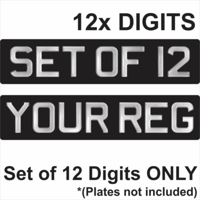 Set 12x 3D Gel SILBER Ziffern für schwarze Nummernschilder gewölbt Harzherstellung DIY REG