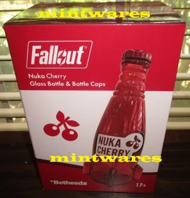 BETHESDA Fallout Nuka Cola Cherry Glass Rocket Bottle & 10 Caps Replica NEW