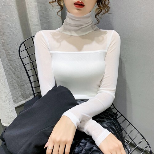 Womens Sexy Turtleneck Pullover T-Shirts Mesh Long Sleeves Slim Fit Tops Party - Picture 16 of 37