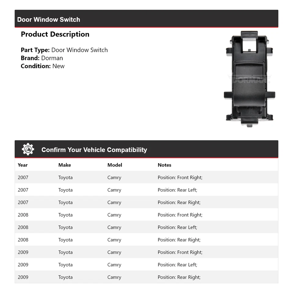 For 2007-2009 Toyota Camry Dorman Door Window Switch 2008 - Image 2 of 4