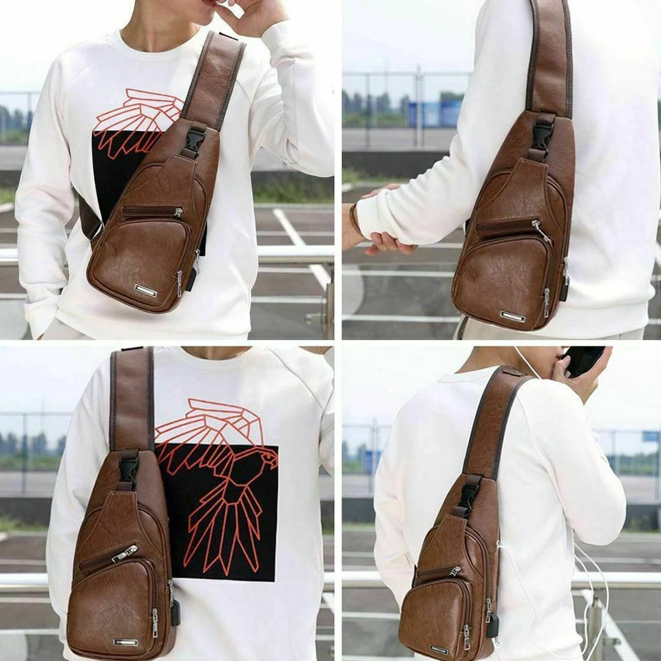 Mochila bandolera de cuero PU para hombre Riñoneras Carga USB NUEVA Foto 4 de 4