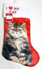 I Love My Cat Red Christmas Stocking NWT Faux Fur Embroidered