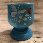 Antique Blue Bristol Bohemian Painted Flowers Butterfly Milk Glass Jar Vase 4.5”