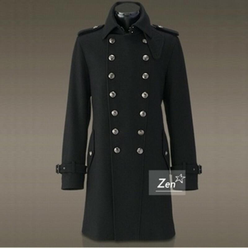 Mens Military Woolen Outerwear Double Breasted Trench Long Coat
