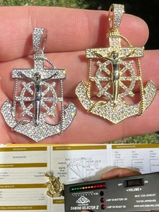 Authentic MOISSANITE Silver / Gold Plated Jesus Anchor Crucifix Pendant Passes Tester