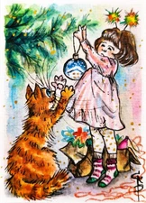 ACEO Orange Cat Painting Christmas tree decorations Cute Watercolor Original Art