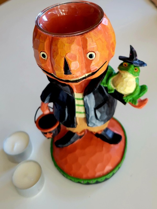 Vintage Pumpkin Boy Candle Holder Tea Light Halloween Jack O Lantern Frog W Hat
