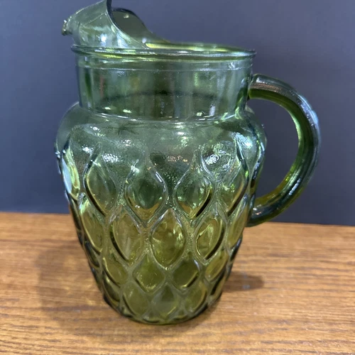 Vintage Anchor Hocking Avocado Green Glass Madrid Teardrop Diamond Pitcher 82 oz