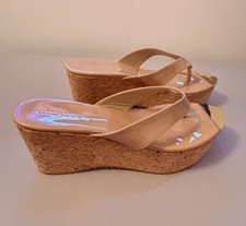 New Jimmy Choo Patent Leather Nude Sandals Thongs Shoes Cork Wedge 39.5 Pathos