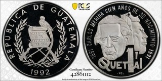 This is a Guatemala 1992 PR69DCAM quetzal within a PCGS holder