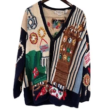 Vintage Eagles Eye Hand Knit Novelty Cardigan Sweater Antique Shop Scene Large