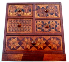 Antique Wooden Inlaid Collectors Cabinet Box 9 1/2" inches high. Good Condition.