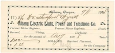 Albany Oregon Electric Light, Power & Telephone Co  orig 1898 Billhead Receipt