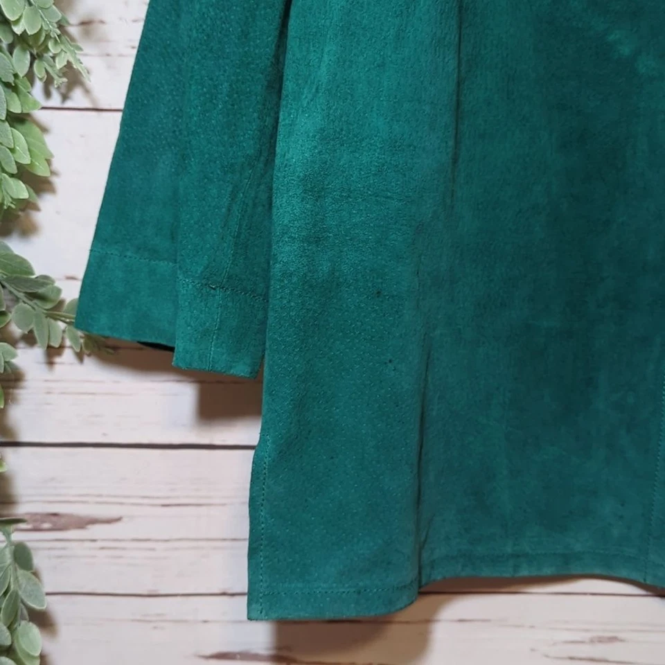 Chaqueta de Colección Kim Rogers Grande Verde Esmeralda Verde Azulado Gamuza Cuero Camisa Cazadora Foto 3 de 4