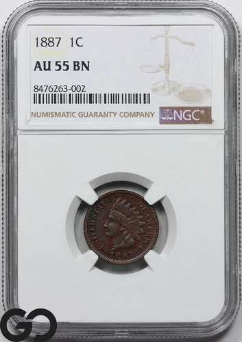 1887 Indian Head Cent Bronze Penny, NGC AU-55 BN
