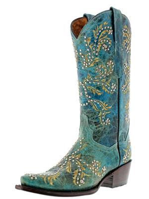 Womens Rodeo Boots Turquoise Studs Leather Mujer Botas Size 5.5, 6.5, 9.5, 10.5