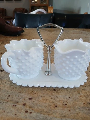 Vintage Fenton Hobnail Milk Glass Sugar Bowl and Creamer Set With Tray