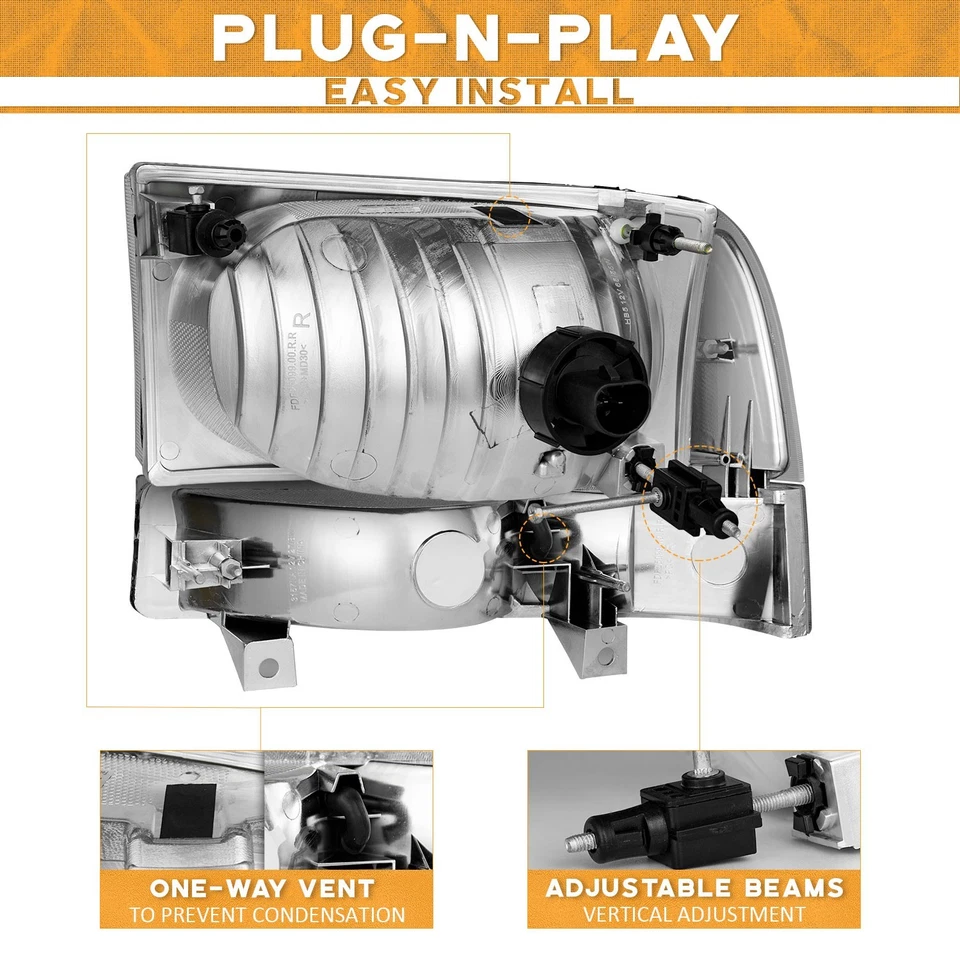 For 1999-2004 Ford F250 F350 F450 Super Duty Excursion Chrome Headlights Pair Foto 4 de 4